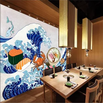Изготовленная на Заказ Настенная Роспись Моря Укие-э Вкусная Еда 3D Японский Суши Ресторан Izakaya Промышленный Декор Фоновые Обои 3D