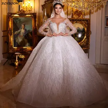 Изысканное бальное платье цвета слоновой кости с длинными рукавами, свадебные платья 2023, кружевные платья невесты с V-образным вырезом и блестками, Vestido De Novia