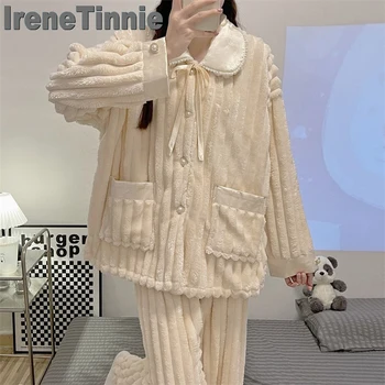 ИРЕН ТИННИ, элегантная ночная рубашка в сказочном стиле, зимняя, согревающая, женская белая одежда для отдыха, плотный фланелевый топ, брюки, комплект из двух предметов