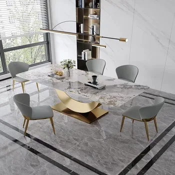 Итальянский минимализм, импортная каменная плита, обеденный стол и обеденный стул в форме нержавеющей стали, сочетание простого современного прямоугольника