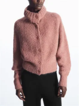 Кардиган для женщин 2023, новинка сезона Осень-зима, полушерстяной однобортный свитер с отложным воротником в стиле ретро, однотонный свитер с длинными рукавами