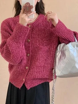 Кардиган для женщин 2023, Новый осенне-зимний свитер, однотонный корейский модный вязаный однобортный топ с длинным рукавом, женская одежда
