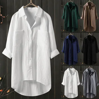 Кардиган из хлопка и льна, женская рубашка, топы с длинными рукавами и двумя карманами, женская рубашка с отложным воротником, осенние винтажные женские блузки
