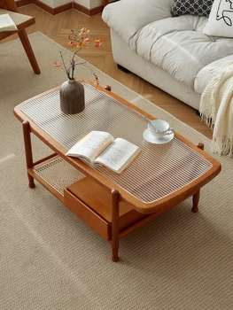 Квадратный чайный столик, гостиная из массива дерева, плетение из ротанга, досуг, радужное стекло, простой маленький дом