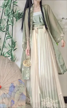 Китайское платье Hanfu Чайно-зеленый 3ШТ. Китайское древнее женское платье с вышивкой, костюм для съемки выпускного, струящееся платье Макси