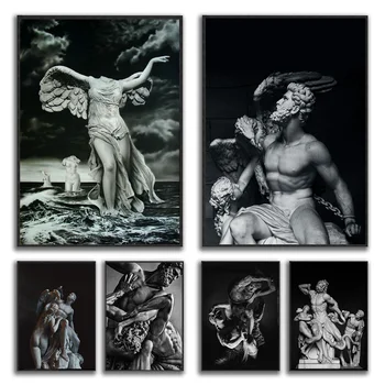 Классическая черно-белая скульптура, плакат, Классический художественный принт, Статуя из греческой мифологии, Настенная картина, Абстрактная живопись на холсте, декор комнаты