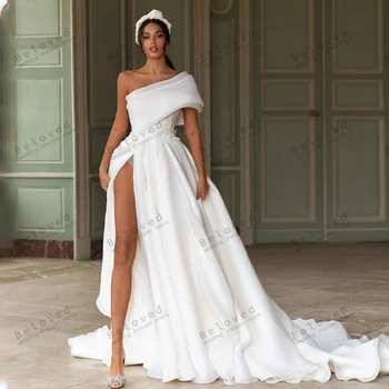 Классические свадебные платья, простые атласные свадебные платья На одно плечо, сексуальные халаты с высоким разрезом и бантом, украшающие 2024 Vestidos De Novia 2023