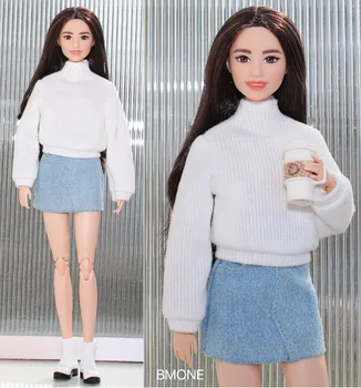 Комплект одежды/ белый свитер с длинным рукавом + джинсовая юбка/ кукольная одежда 30 см, костюм для 1/6 Xinyi FR ST blythe Barbie Doll
