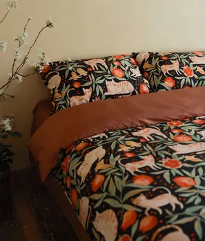 Комплект постельного белья в деревенском стиле с цветочным котом и гранатом, одноместный двухместный, хлопковый твин, полный комплект домашнего текстиля queen king, простыня, наволочка, пододеяльник