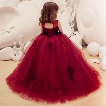 Красные платья с цветочным узором для девочек, пышный тюль, темно-красная вышивка, без рукавов, для свадьбы, детского дня рождения, платья принцессы для Первого причастия
