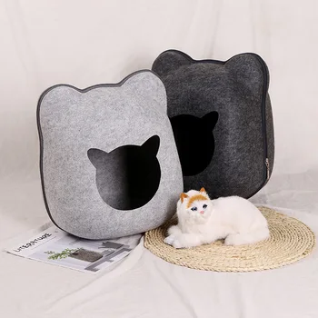 Кровать для домашних кошек, пещерный Спальный мешок, Войлочная ткань в форме милого кота, Съемный дизайн на молнии, Домик для домашних животных, Гнездо, Кошачья корзина с подушкой для кошек