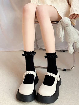 Кружевные носки Женские носки из чистого хлопка с бежевой текстурой, кружевные носки длиной до середины икры, Тонкие Японские милые утолщенные носки Four Seasons Universal