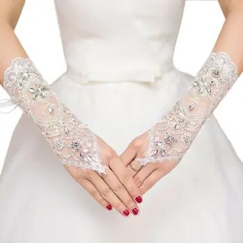 Кружевные Цветочные Перчатки Без Пальцев Со Стразами и Блестками Для Свадебной Вечеринки