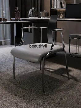 Легкое роскошное кресло в итальянском стиле, Спинка из нержавеющей стали, Кожаный стол и стул, Чайный столик и стул