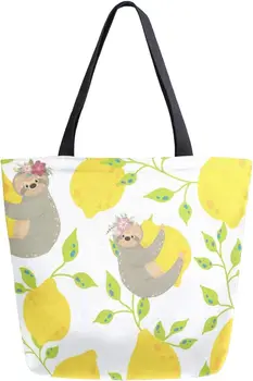 Ленивец, держащий лимон в красиво раскрашенной хозяйственной сумке, большая женская сумка для покупок многоразового использования