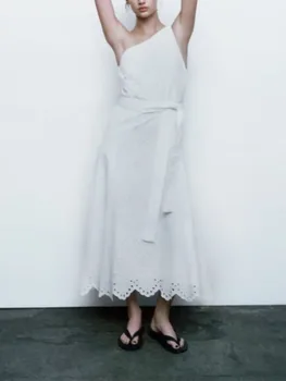 Летнее Новое женское французское модное повседневное платье для отпуска с асимметричной вышивкой, белое длинное платье без рукавов средней длины