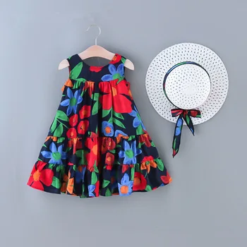 Летнее Платье для Маленьких девочек из 2 предметов, сарафан без рукавов в стиле Бохо + Солнцезащитные шляпы, детские платья для девочек, платье для девочек от 3 до 7 лет