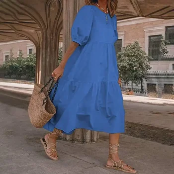 Летний женский сарафан, Повседневное Однотонное Свободное Длинное платье с коротким рукавом, Винтажные пляжные женские платья Миди, Vestidos Robe