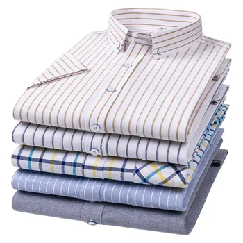 Летняя мужская рубашка с коротким рукавом из 100% хлопка, деловой повседневный Свободный топ в белую и синюю полоску в клетку для молодежи среднего возраста-4XL