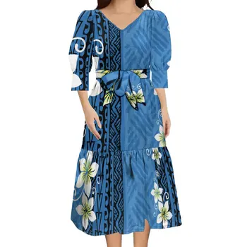 Летняя юбка Повседневный ремень Элегантное темпераментное платье Пулетаси С пышными рукавами Дизайнерская юбка Полинезийское женское платье на заказ