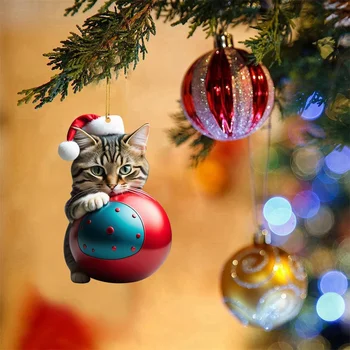 Милый 2D кот, Рождественский шар, Акриловые подвески, Украшения, Украшения для Рождественской елки, Рождественские украшения, Подвесные подарки для дома Navidad
