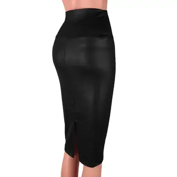 Модная юбка-футляр с высокой талией, женская юбка-карандаш из искусственной кожи с разрезом длиной до колен