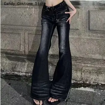 Модные джинсовые черные винтажные джинсы-клеш с высокой талией, Женские брюки Y2k, женская одежда, уличная одежда в Корейском стиле