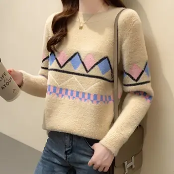 Модные свитера с геометрическим рисунком для поездок на работу, осень-зима, корейские повседневные трикотажные топы контрастного цвета с длинными рукавами, женская одежда