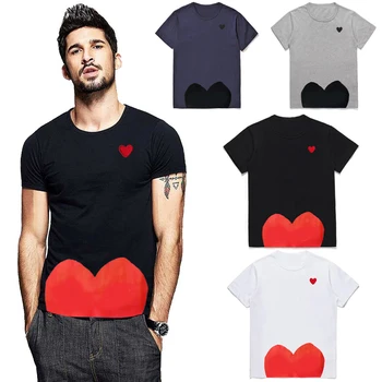 Мужская И женская футболка из хлопка с принтом в виде половинки сердца, с вышивкой в виде глаз в виде сердца, с круглым вырезом и короткими рукавами, пара летних повседневных футболок