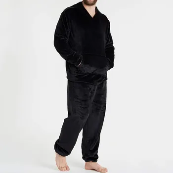 Мужской зимний флисовый теплый пижамный комплект, Мягкий домашний однотонный пуловер с карманами, топы и брюки с капюшоном, пижама из толстого плюша, домашняя одежда