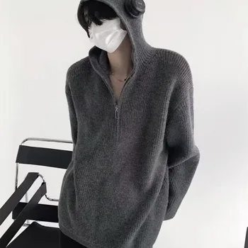 Мужской свитер с капюшоном на молнии в корейском стиле, модный осенне-зимний ретро свободный уличный вязаный кардиган, пальто в винтажном стиле