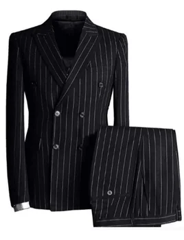 Мужской черный костюм, Двубортный костюм в полоску, 3 предмета, пиджак с отворотом, Жилет, Брюки, Платье для выпускного вечера, смокинг для вечеринки