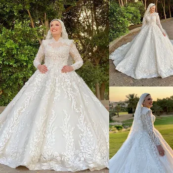 Мусульманское бальное платье Свадебное платье с высоким вырезом и 3D цветочными аппликациями из бисера, свадебные платья с длинными рукавами, пышное вечернее платье на заказ.