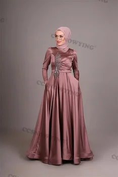 Мусульманское вечернее платье с атласными аппликациями, расшитое бисером, Хиджаб с длинным рукавом, вечернее платье для выпускного вечера в арабском Дубае, Исламские халаты для вечеринок