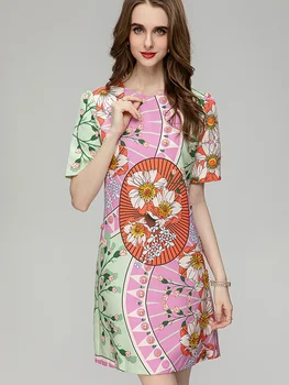 Новая дизайнерская летняя мода для подиума, Винтажный красочный цветочный принт Для женских мини-платьев с круглым вырезом и бриллиантовыми бусинами для ногтей, Vestidos