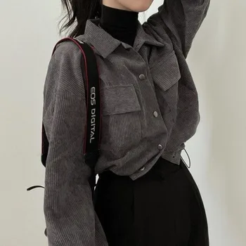 Новая ретро минималистичная рубашка с короткими завязками и длинными рукавами, топ, Вельветовая Свободная куртка для женщин