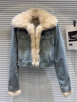Новейшая зимняя дизайнерская куртка HIGH STREET 2024, женская джинсовая короткая куртка с меховым воротником