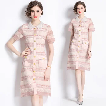 Новое модное темпераментное однобортное кружевное платье с лацканами из бисера на талии, расшитое кружевами ZY8560082