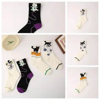 Носки с рисунком кошки в корейском стиле Креативные Теплые Носки с животными Harajuku Хлопчатобумажные короткие носки средней длины Студенческие
