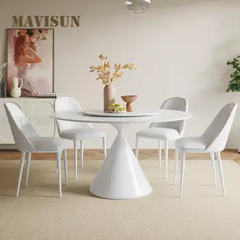 Обеденный стол в скандинавском стиле с поворотным столом, Столешница из белой каменной плиты, Прочное дизайнерское основание, Современный минималистичный Круглый стол для кухни