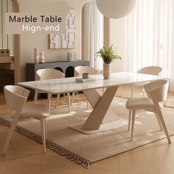 Обеденный стол и стулья из чистого белого мрамора, современная Простая прямоугольная мебель для дома из каменной плиты, Новое поступление в европейском стиле