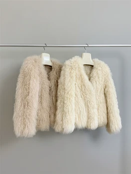 Овечий кудрявый мех, V-образный вырез, простой топ из натурального овечьего кудрявого меха, утолщенное классическое однотонное женское пальто, женское зимнее