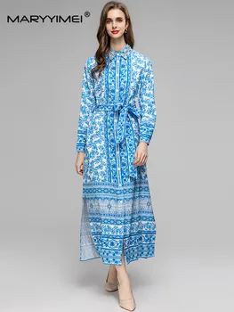 Однобортное платье MARYYIMEI с небесно-голубым принтом и воротником 