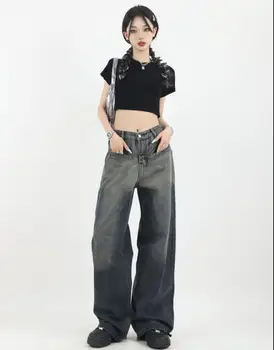 Однотонные джинсы для женщин 2023, осень-зима, новые модные винтажные шикарные джинсы на пуговицах и молнии, свободные повседневные джинсы с высокой талией
