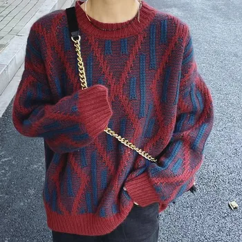 Осенне-зимний женский пуловер, Корейский модный Ретро-ромбовидный клетчатый свитер с круглым вырезом, Свободный Мягкий теплый вязаный топ-джемпер