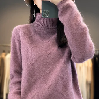 Осенне-зимний новый женский пуловер с высоким воротом, свитер из 100% норки, кашемировый свитер, модный Корейский женский топ