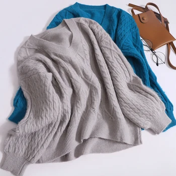 Осенне-зимний свитер с V-образным вырезом, женский пуловер с длинными рукавами и дырками, однотонный топ, женский повседневный модный свободный короткий трикотаж