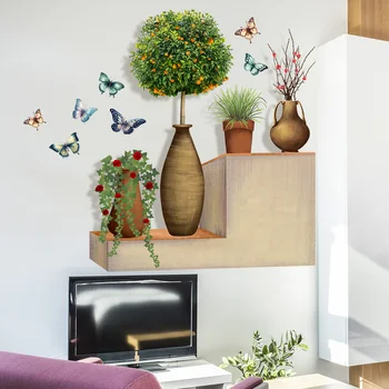 Пасторальные 3D Бабочки, зеленые растения, креативные наклейки на стену для спальни, цветы в горшках, самоклеящиеся обои, Современный домашний декор