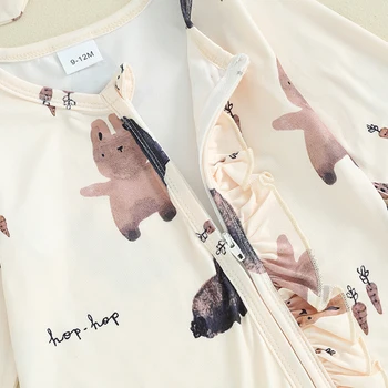 Пасхальный наряд для маленькой девочки, комбинезон с длинными рукавами и кроликом-морковкой, комбинезон на молнии с рюшами, милая одежда с кроликом для младенцев