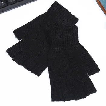 Перчатки без пальцев, осенне-зимние Мягкие теплые вязаные перчатки с открытыми пальцами для женщин, мужские черные